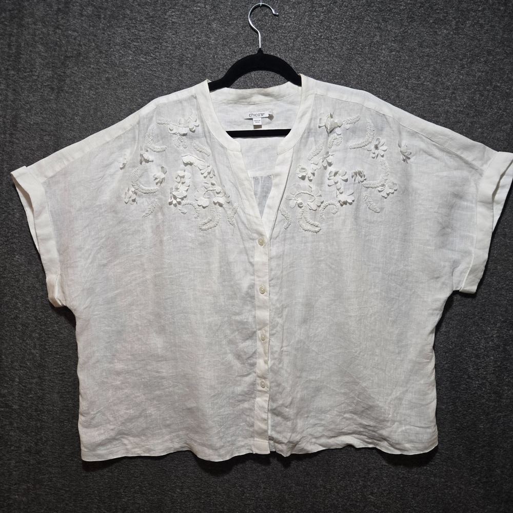 Chico's Linen Button Up Top Women's Plus Sz 18 White Floral Beaded Dolman Sleeve